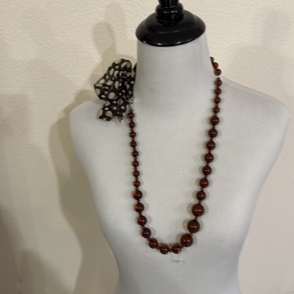 Brown Beaded Necklace with Polka Dot Ribbon
